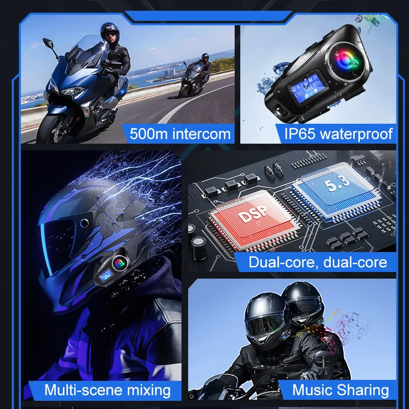 Bluetooth 5.3 Motorcycle Helmet Headset Intercom LCD Display 500M Interphone IP65 Waterproof Intercom Multi-Scene Music Sharing