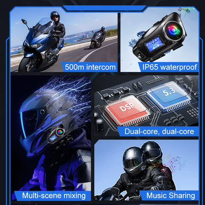 Bluetooth 5.3 Motorcycle Helmet Headset Intercom LCD Display 500M Interphone IP65 Waterproof Intercom Multi-Scene Music Sharing