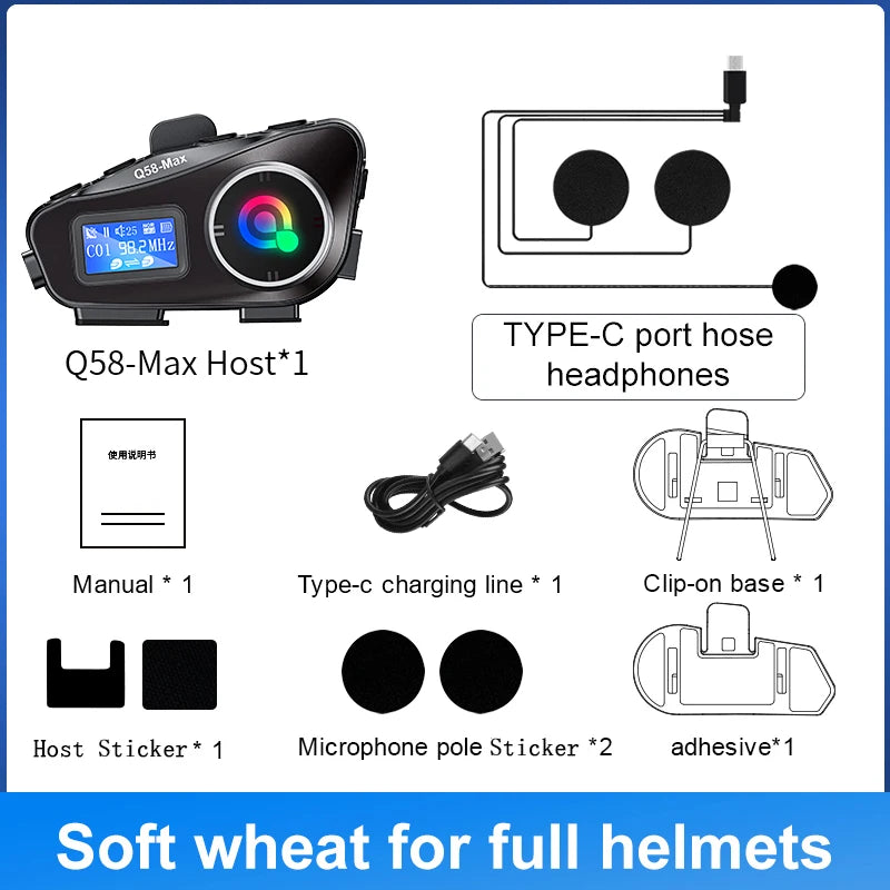 Bluetooth 5.3 Motorcycle Helmet Headset Intercom LCD Display 500M Interphone IP65 Waterproof Intercom Multi-Scene Music Sharing